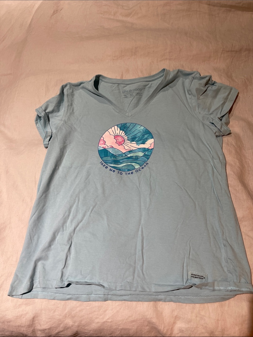 Life Is Good Light Blue V-Neck Tee with Ocean Sunrise Graphic